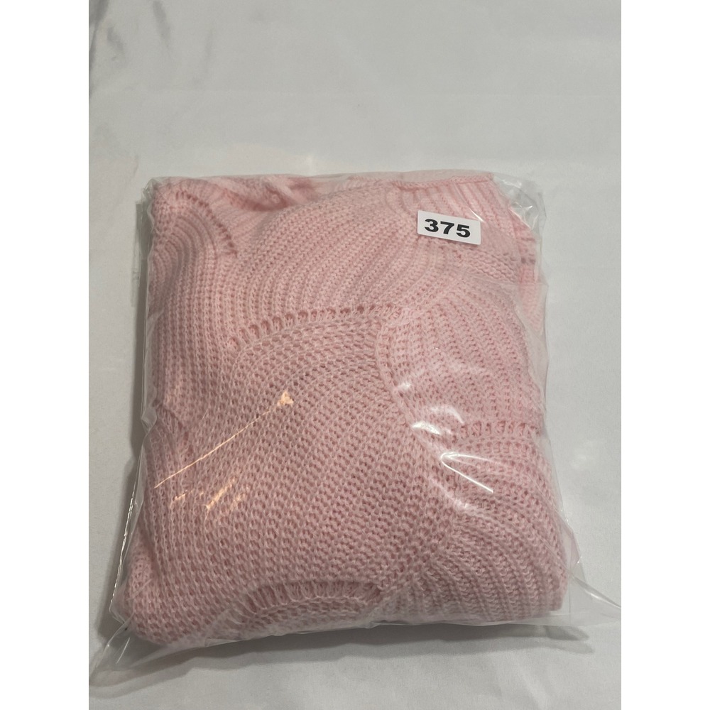 Womens Light Pink Batwing Open Knit V-Neck Scalloped Hem Pointelle Sweater - Picture 6 of 6